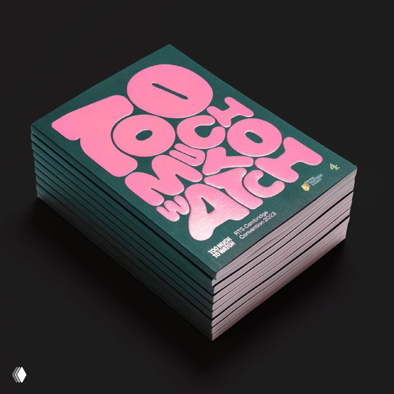 Стопка буклетов с объёмной розовой типографикой «Too Much To Watch» на тёмно‑зелёном фоне; демонстрация печатных материалов айдентики.