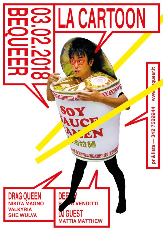 Яркий плакат в стиле поп‑арт: фотография человека в чаше лапши, крупные красные рамки и динамичная графика — игривый дизайн от Due.