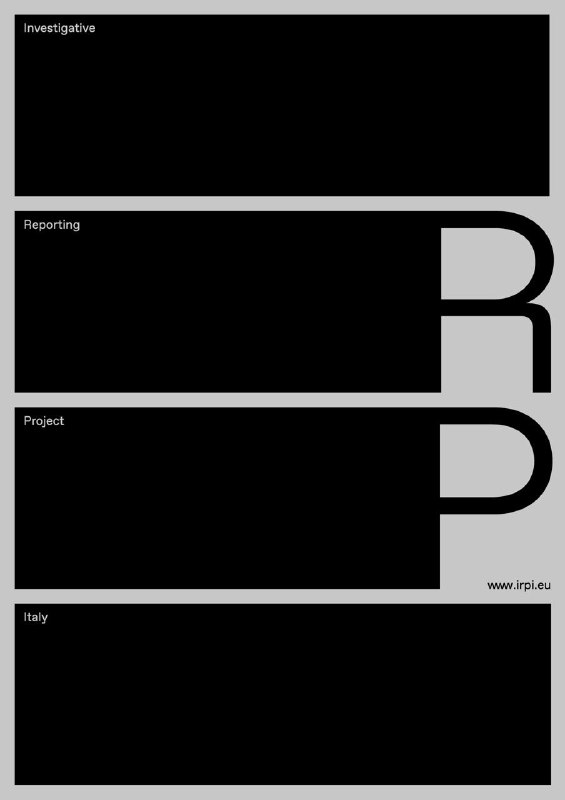 Лаконичный чёрный постер с пустыми прямоугольными блоками и большой буквой R; строгая модульная сетка и минимализм в оформлении.