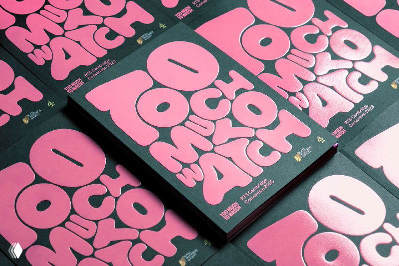 Раскладка множества буклетов с розовой выпуклой типографикой на тёмном фоне, показ вариативности логотипа и повторяемости элементов фирменного стиля.