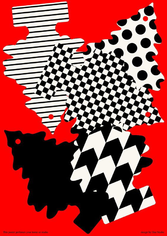 Абстрактный постер на ярко‑красном фоне с разнообразными чёрно‑белыми геометрическими узорами и коллажной композицией — сильный контраст и текстура.