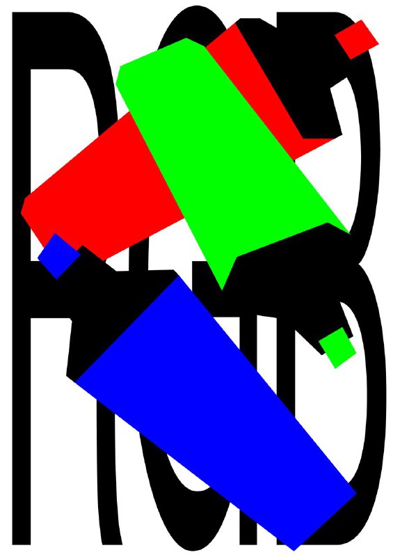 Динамичный плакат с крупными цветными геометрическими формами (зелёный, синий, красный) и наложенной частичной типографикой — смелая цветовая игра.