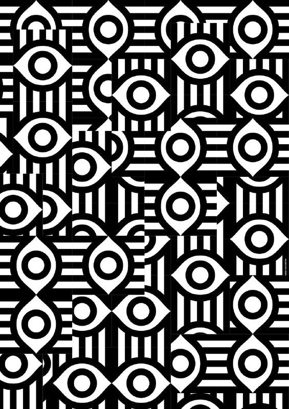 Чёрно‑белый паттерн из стилизованных глаз и геометрических форм; повторяющийся орнамент в оп‑арт стиле и сильный графический контраст.