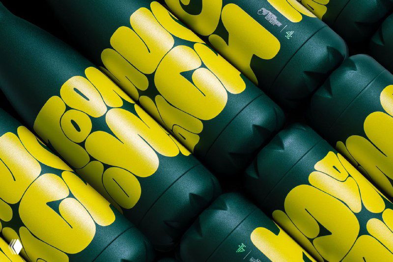 Сувенирные бутылки с яркой жёлтой округлой типографикой на зелёном фоне, пример фирменного мерча в айдентике конференции.