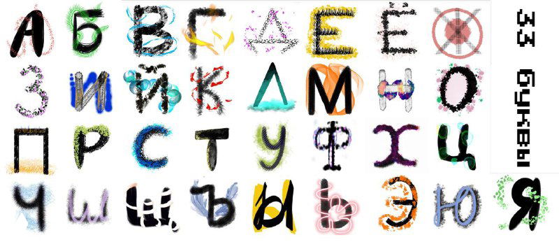 Сетка из букв алфавита, каждая буква стилизована разными техниками — от тонких линий до графических узоров и цветных заливок для эксперимента.