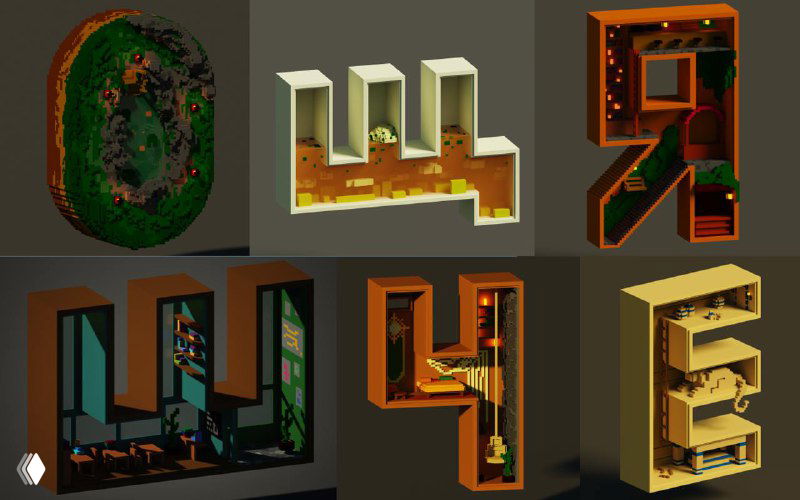 Трёхмерные объёмные буквы с интерьерными сценами внутри, демонстрация глубины, света и материалов в 3D-типографике для визуальных экспериментов.