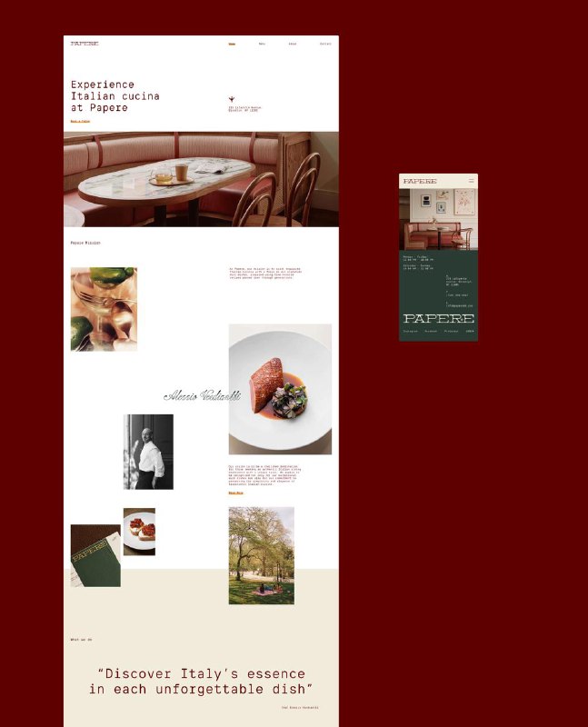 Макет сайта ресторана Papere: светлый минималистичный лэйаут с крупными фотографиями блюд, белыми полями и адаптивным блоком для мобильной версии.