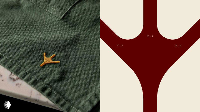 Детали айдентики: ткань с вышитой иконкой следа лапки и абстрактная графическая форма в бордово‑винных тонах, отсылающая к теме утки в меню.