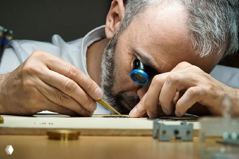 Часовщик за работой: мужчина в увеличительной лупе аккуратно собирает мелкие элементы механизма, наблюдается концентрация и инструменты на столе.