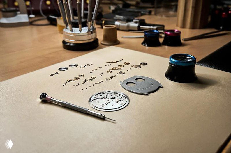 Стол часовщика с инструментами и разложенными деталями механизма Thinking: винтики, пластины и инструменты для микроработы на бумаге мастерской.