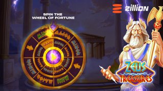 Zeus Treasures promo art: Zeus with lightning bolt beside a glowing Wheel of Fortune-style jackpot wheel and logo.