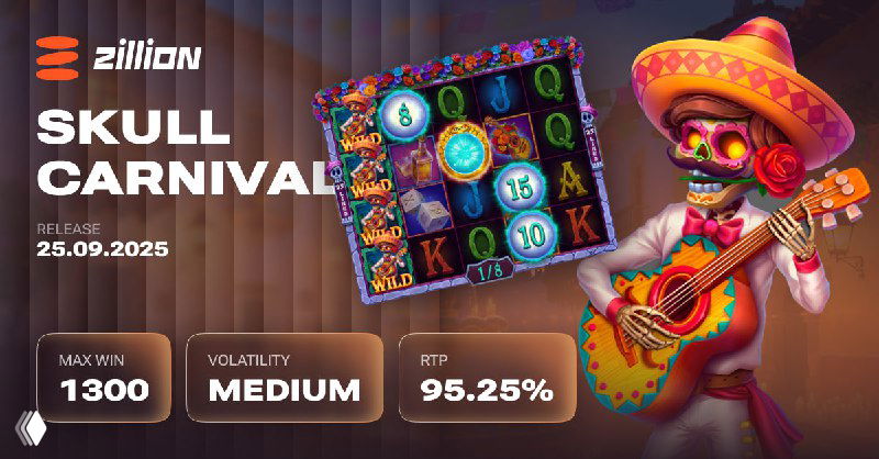 Zillion 'Skull Carnival' banner: skeletal mariachi in sombrero with guitar, bold carnival colors and slot preview showing RTP 95.25%.