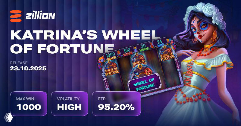 Zillion 'Katrina's Wheel of Fortune' banner: marigold-lit Katrina character beside a spinning wheel, festive slot preview with RTP 95.20%.