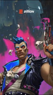 Stylized slot-art portrait of a rugged male character holding a pistol in a neon city backdrop, with playing‑card icons and Zillion logo.