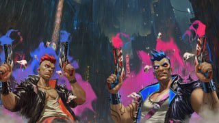 Promotional artwork for Bullies Shooters showing two punk gunfighters with neon paint splashes, guns raised, frontier vibe.