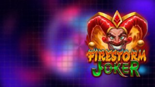 Firestorm Joker promo artwork: the grinning jester logo in flames against a purple, blurred arcade-style backdrop.