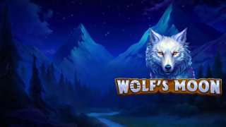 Wolf's Moon promotional art: wolf head over moonlit mountains and valley, with the 'WOLF'S MOON' logo against a blue night sky.