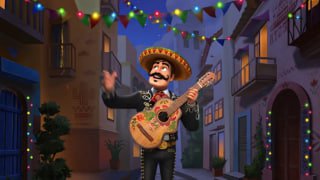 Promotional artwork showing a festive street scene with a mariachi-style character playing a guitar under colorful lights, evoking the Fire Chilli slot theme.