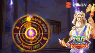 Promotional artwork of Zeus Treasures slot: Zeus with lightning, jackpot wheel, Olympus temple background and logo.