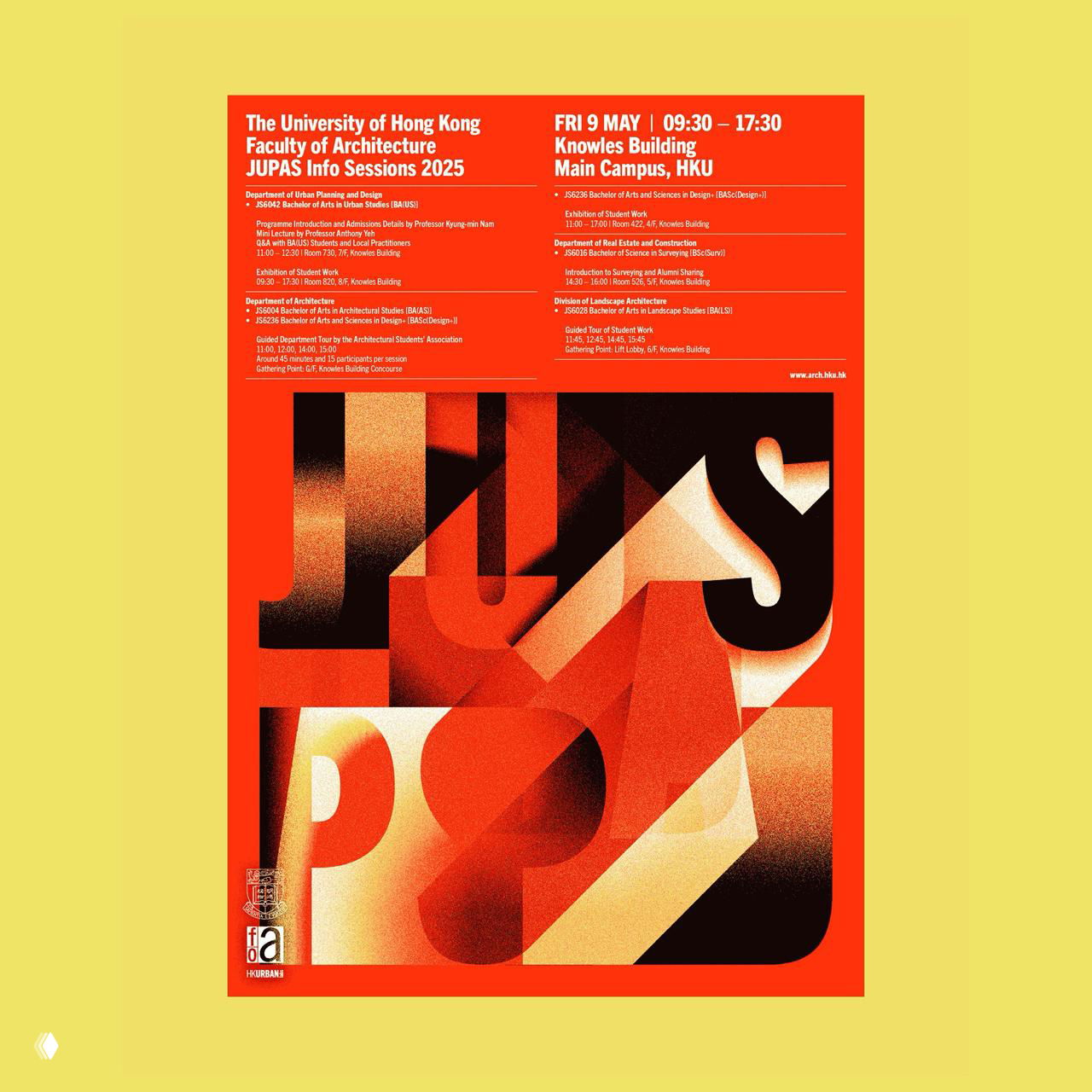 Ярко-красно-жёлтый плакат с крупной типографикой JUPAS и абстрактными формами, информационные блоки о сессиях и контактной информации факультета.