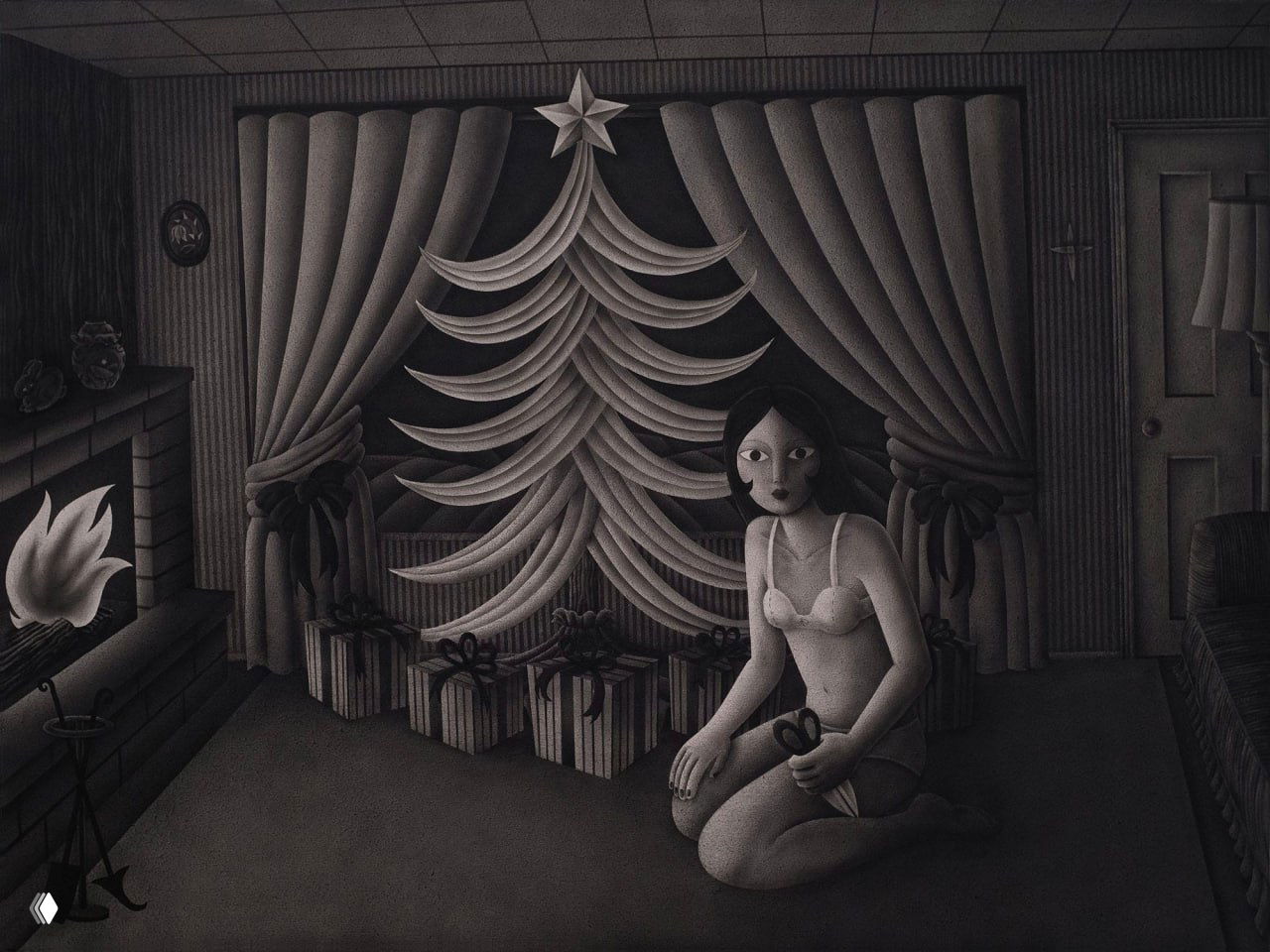 Интерьерная сцена с рождественской ёлкой, подарками и женщиной на коленях у камина; чёрно‑белая палитра и аэрографическая текстура создают ощущение ностальгии и едва заметной тревоги.