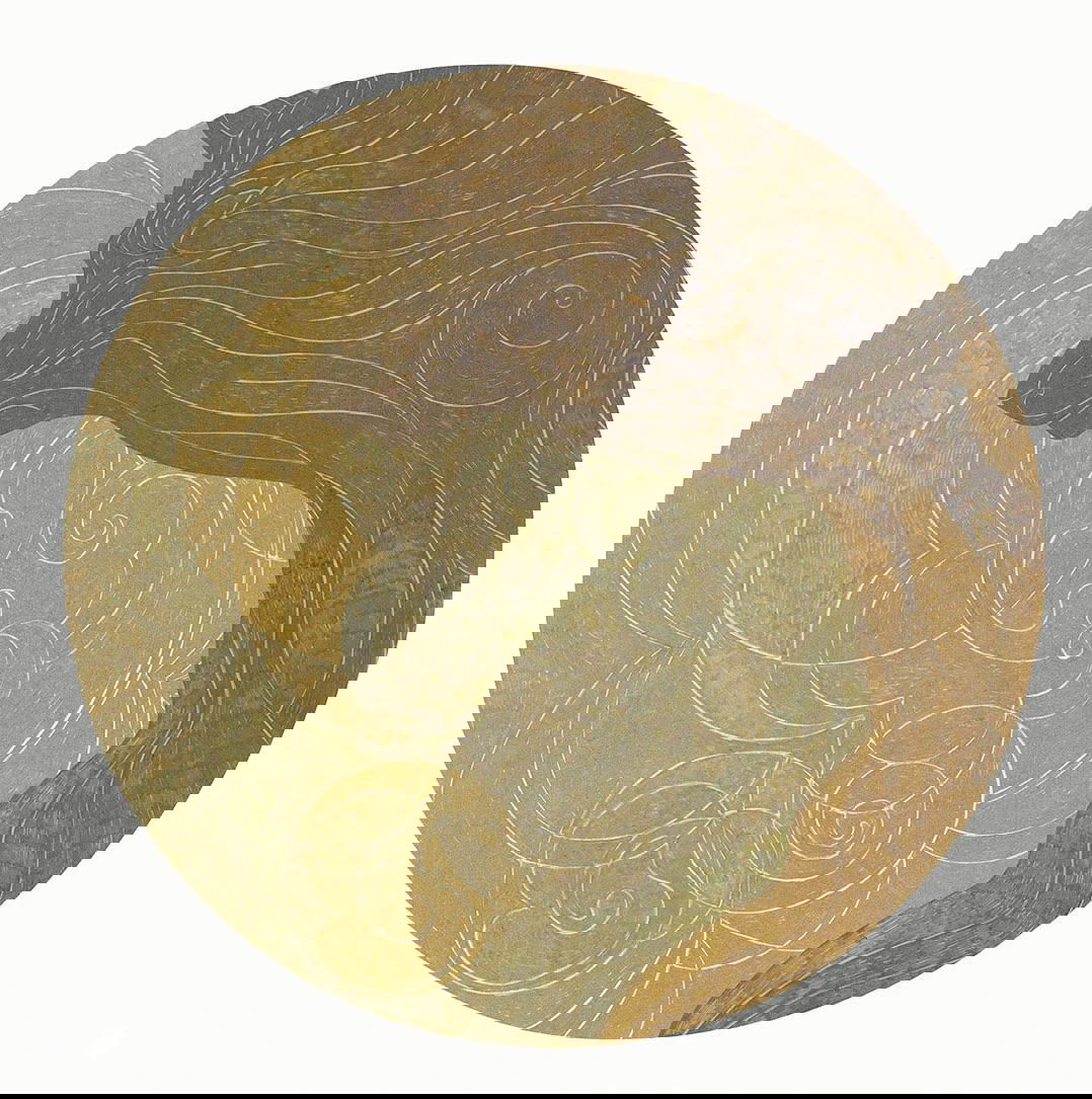 Круглая золотая иллюстрация с плавными линиями и орнаментом: изображение козы или мифологического мотива выполнено золотой краской и тонкими белыми контурами.