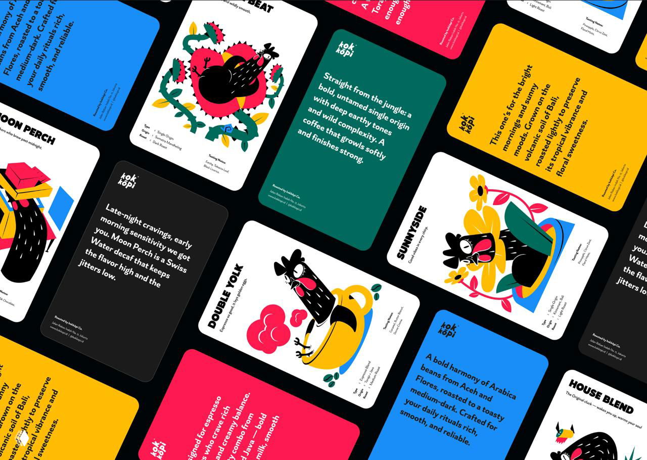 Ряд карточек с визуальными описаниями сортов кофе Kokkōpi: яркие цветные карточки и иллюстрации в упорядоченной сетке на тёмном фоне.