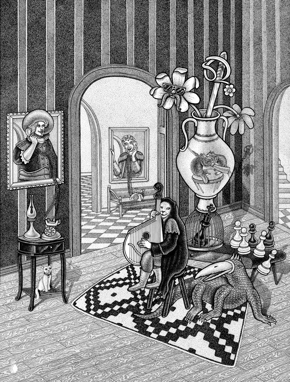 Интерьерная сцена: музыкант с арфой в комнате, экзотические животные и большая ваза — всё выполнено точечной монохромной техникой с богатой деталировкой.