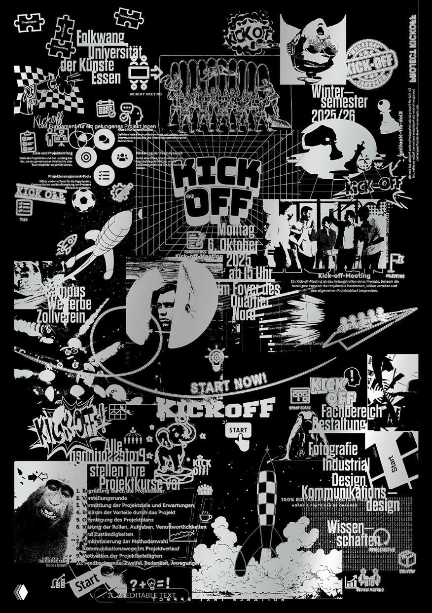 Чёрно‑белый коллажный плакат с множеством маленьких иллюстраций, фотографий и текста разного масштаба — плотная наложенная композиция.