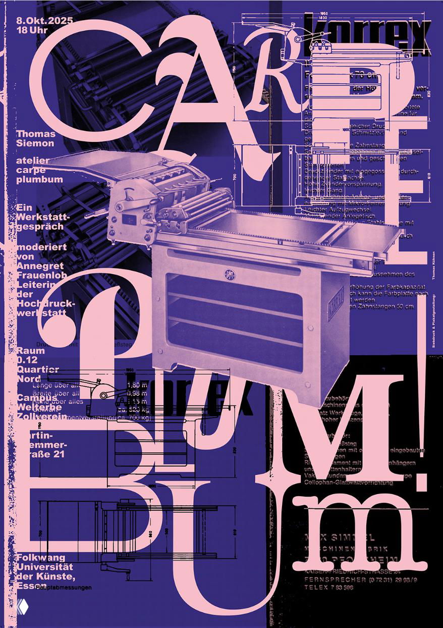 Фиолетово‑розовый плакат с изображением печатного станка и крупной декоративной типографикой, сочетание техники и шрифтовой графики.