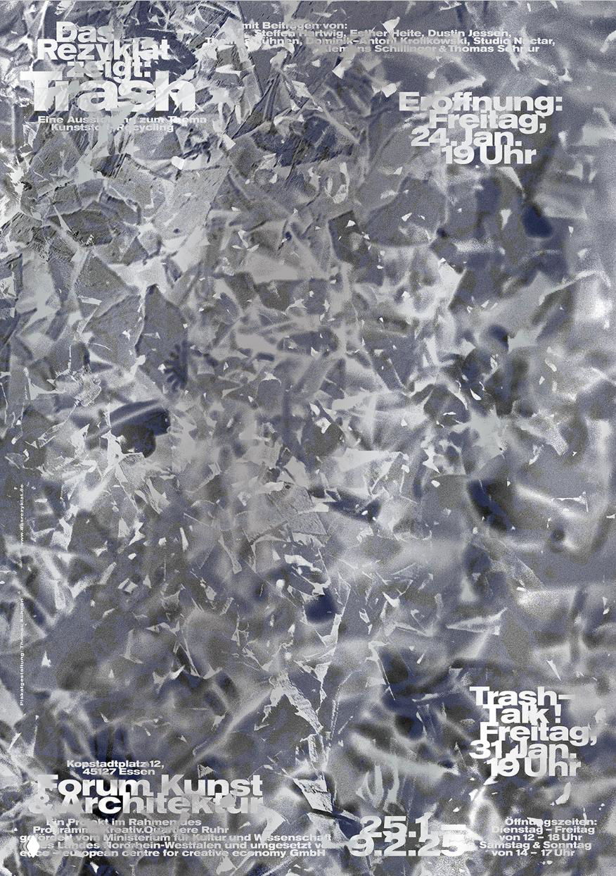 Плакат с текстурой множественных смятых фрагментов металлизированной бумаги и белым разрозненным текстом — игра текстур и негативного пространства.