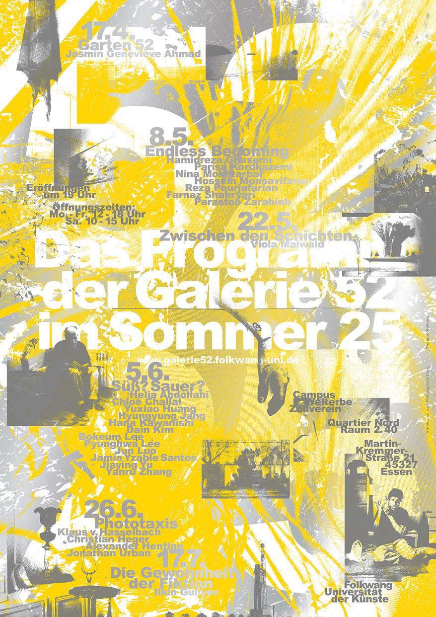 Жёлто‑белый плакат с динамичным мазком краски и наложенным мелким текстом — ощущение движения и многослойности в оформлении афиши.