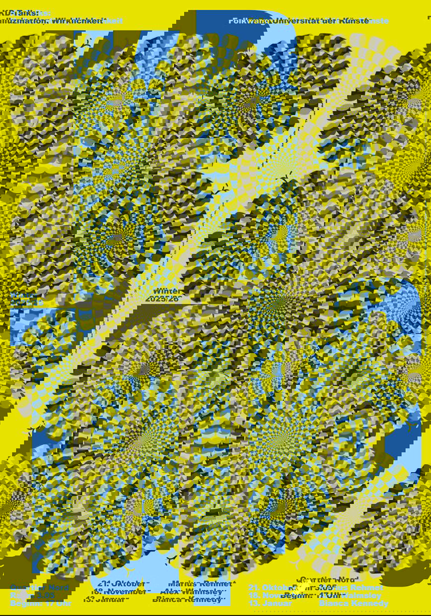 Плакат‑оптическая иллюзия в жёлто‑синей гамме: повторяющиеся круговые узоры и типографика, создающие восприятие глубины и движения.
