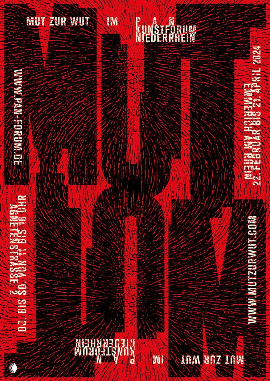 Красно‑чёрный плакат с текстурой радиальных штрихов и крупным вертикальным текстом — выразительный контраст и кинетика композиции.
