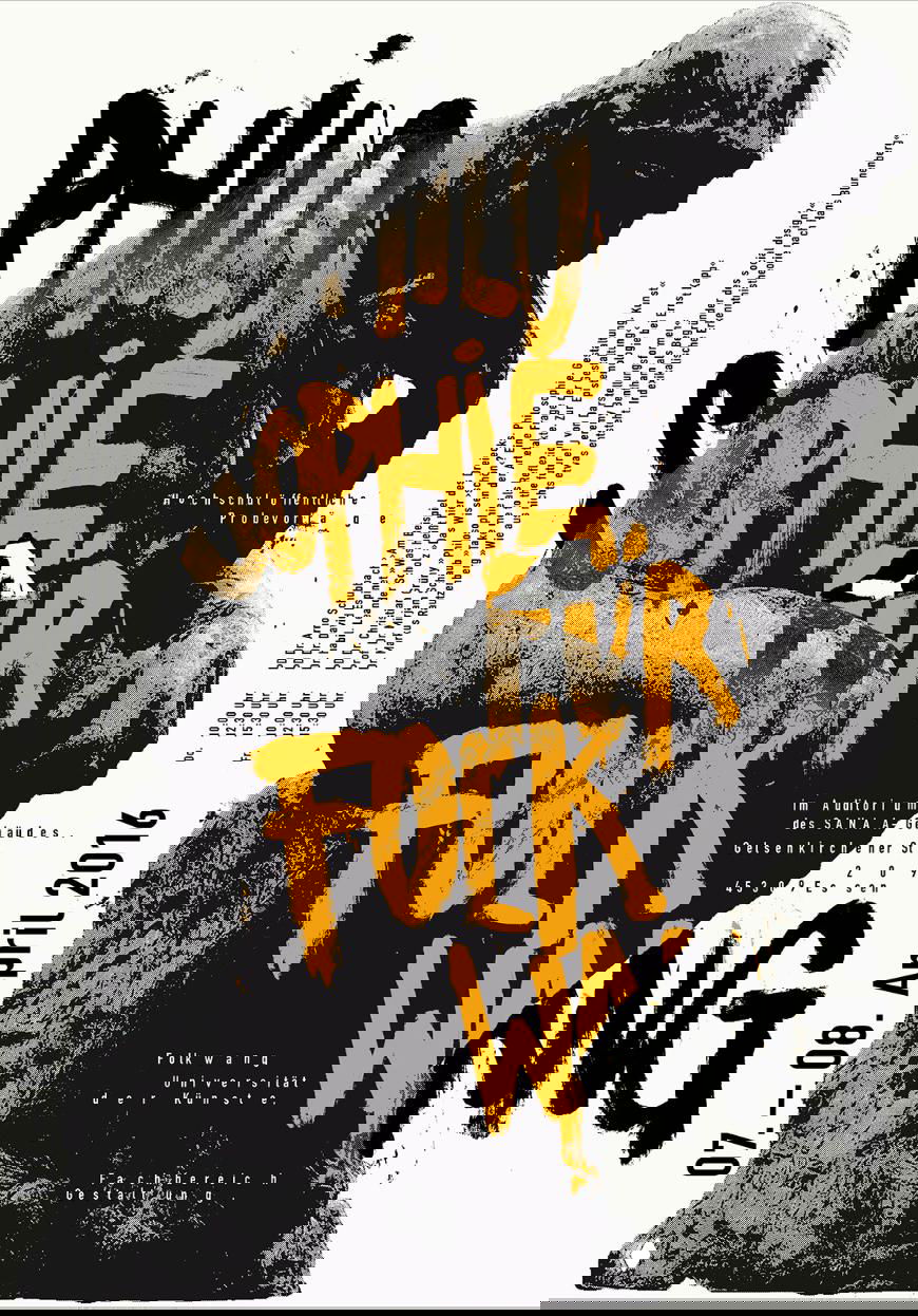 Плакат с фотографией статуи, поверх которой нанесён яркий оранжевый граффити‑шрифт и сетка мелкого текста — сочетание классики и уличной эстетики.