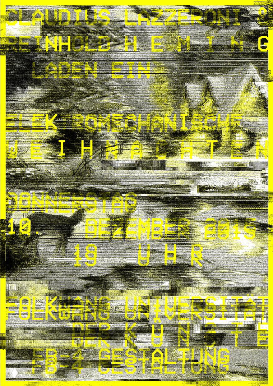 Глитч‑постер с желтыми рамками и наложенным пиксельным текстом на фоне текстуры — пример цифрового шума в печатном дизайне.