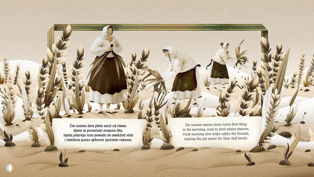 Группа женщин на поле плетёт снопы: монохромные фигуры в традиционной одежде на фоне рамки и колосьев.