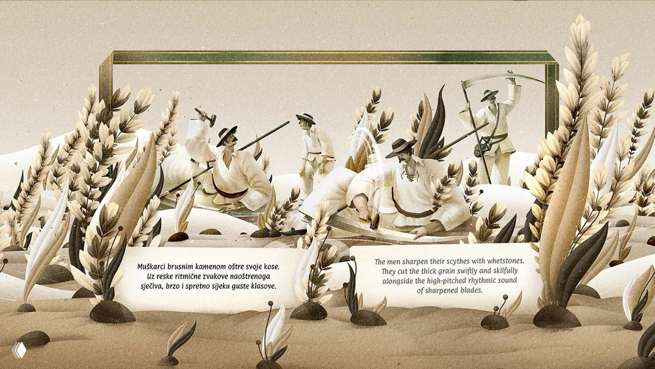 Сцена коллективной работы: двое мужчин затачивают косы, вокруг — детально прорисованные колосья и зернистая текстура.