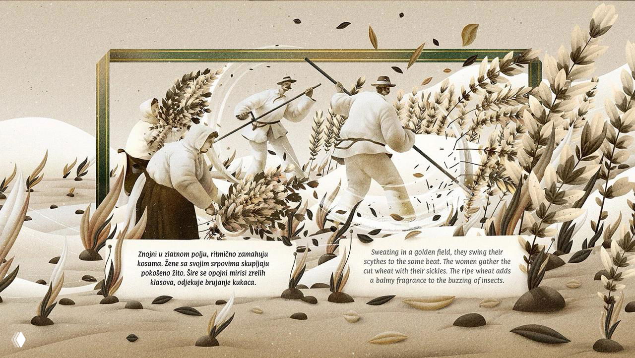 Иллюстрация с коллективной жатвой: мужчины и женщины режут и связывают пшеницу, композиция в рамке и монохром.