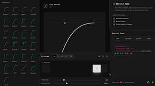 Скриншот интерфейса EaseMaster в тёмной теме: график кривой изинга, панель настроек справа, превью анимации и контролы параметров движения