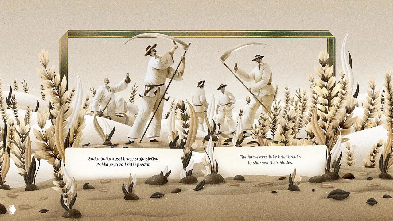 Крупная сцена жатвы: активные жесты работников, летящие зерна и декоративные колосья в винтажной палитре.