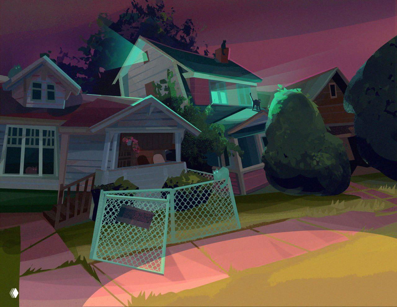 Ночная иллюстрация пригородного дома и ограды в неоновых фиолетово-зелёных оттенках, контрастная светотень и драматичная перспектива улицы.