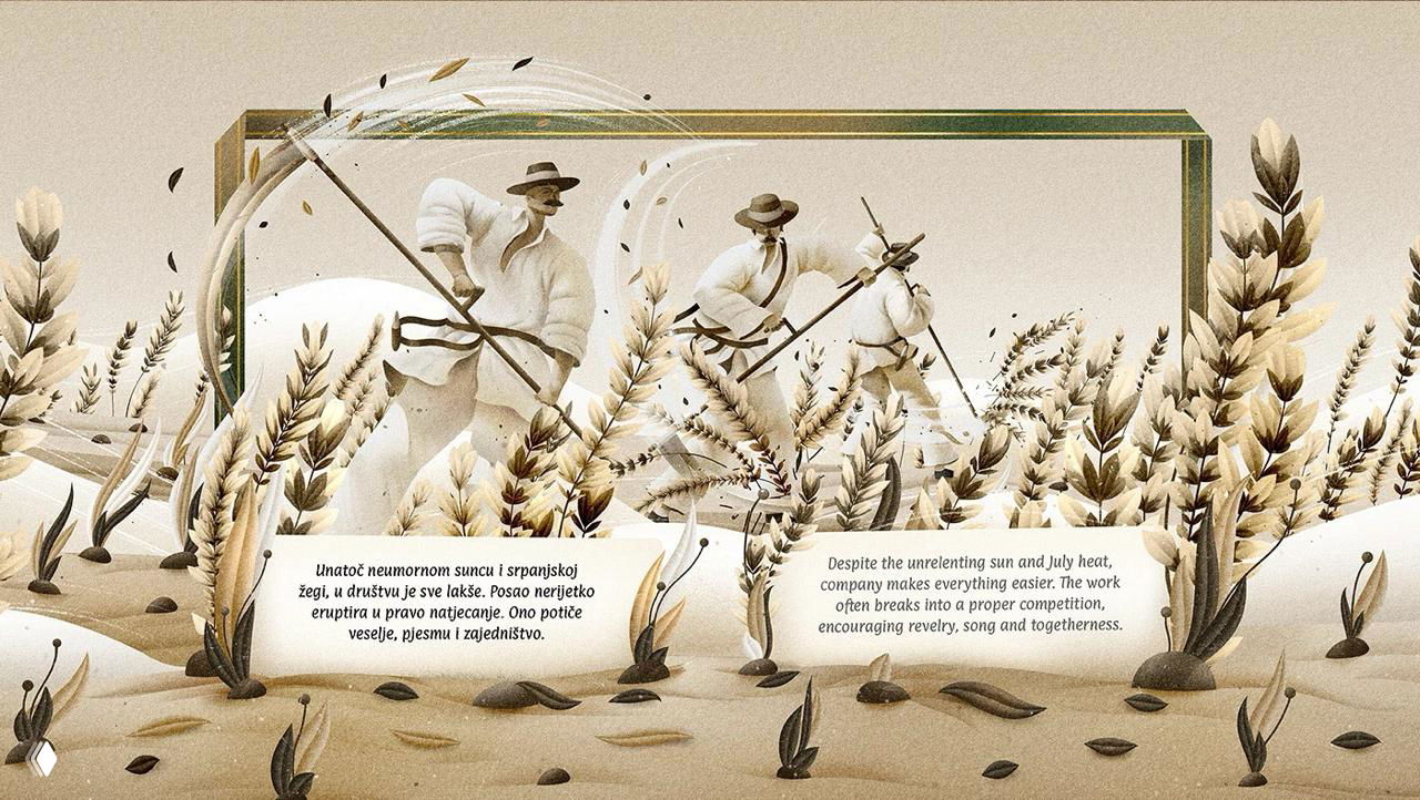 Иллюстрация с остановкой на кадре: крестьяне связывают снопы, вокруг много мелких деталей — трава, листья, зерно.