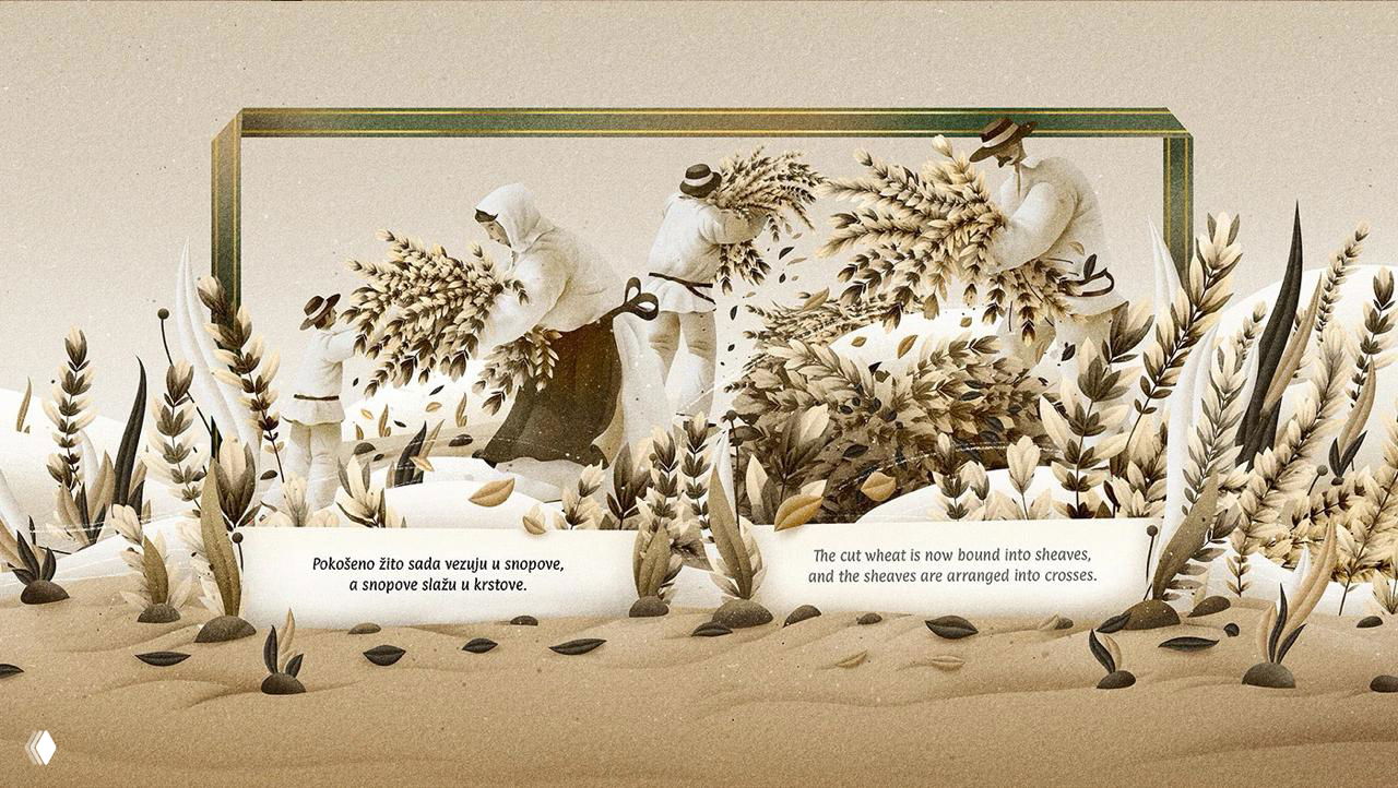 Панорамная сцена отдыха и угощения на поле: люди сидят и едят, рядом пшеница и простая деревянная рамка композиции.