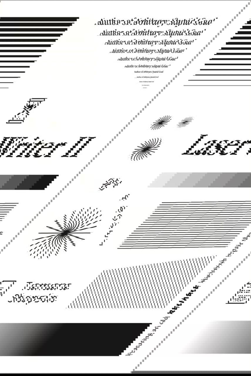 Обложка «LaserWriter II»: строгий монохромный макет с тестовыми полосами, графическими элементами и экспериментальной типографикой — эстетика печатных тестов.
