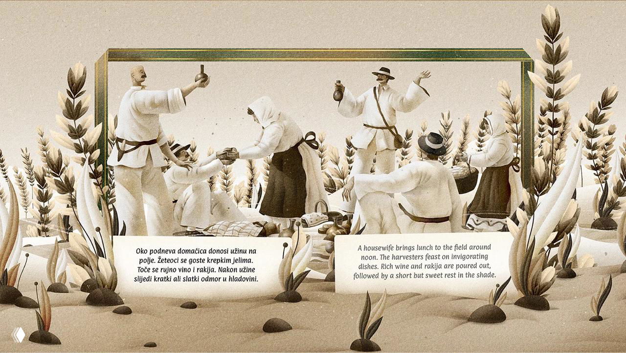 Финальная сцена: снопы пшеницы сложены, фигуры людей на фоне рамки и зернистый, винтажный визуальный шум.