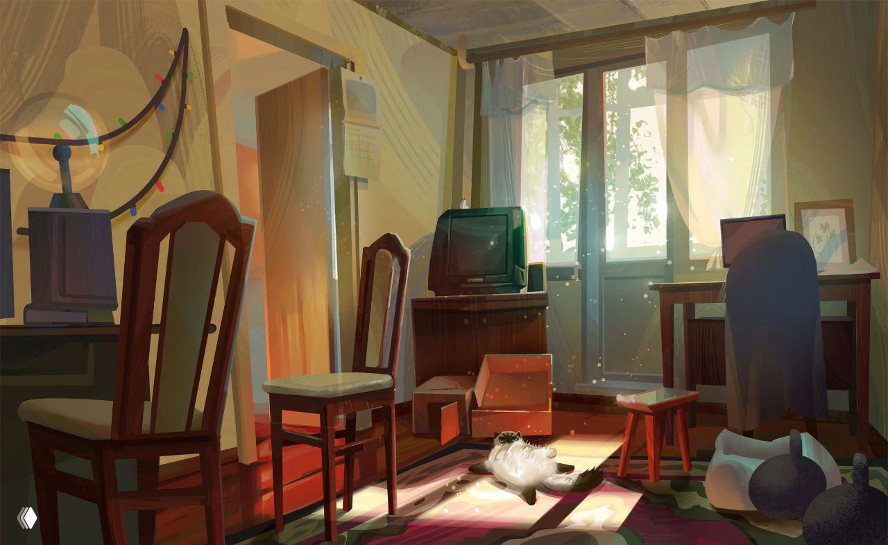 Солнечный интерьер комнаты с падающим светом на пол и расслабленной кошкой: тёплые лучи, мебель и домашняя, ламповая обстановка.