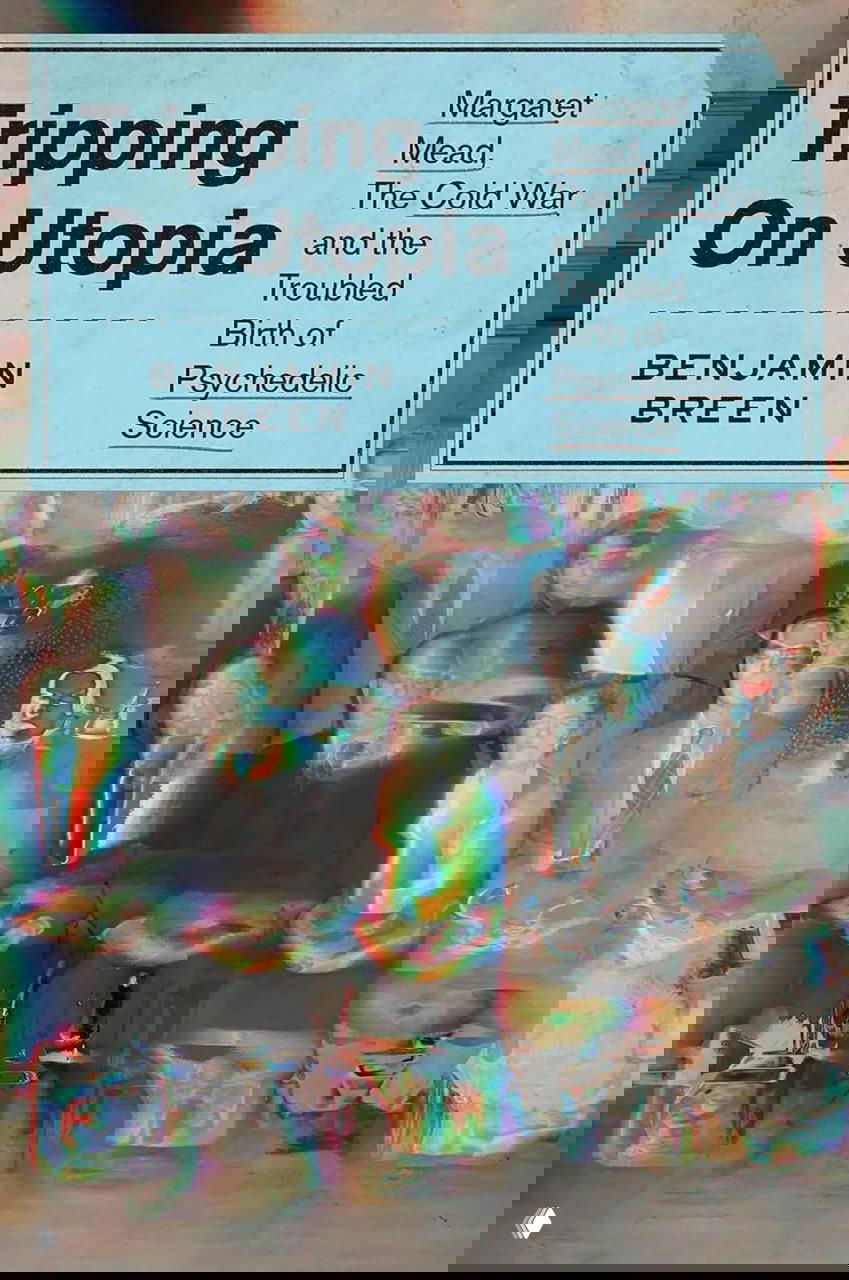 Обложка «Tripping On Utopia»: верхняя панель с заголовком на голубом фоне и коллаж под ней с искажёнными цветными фигурами, ретро-эстетика и текстура.