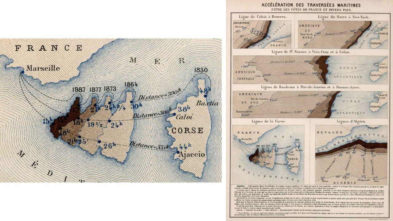 Историческая картограмма с изолиний и пометками для береговой линии Франции, отображающая маршруты и расстояния между портами и островами.