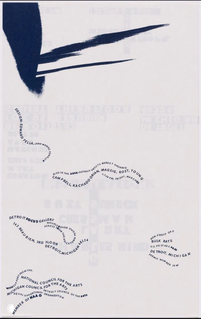 Лист с экспрессивным кистевым мазком и извилистыми строками текста; сочетание каллиграфии и экспериментальной типографики в манере Эдварда Феллы для арт‑сцены.